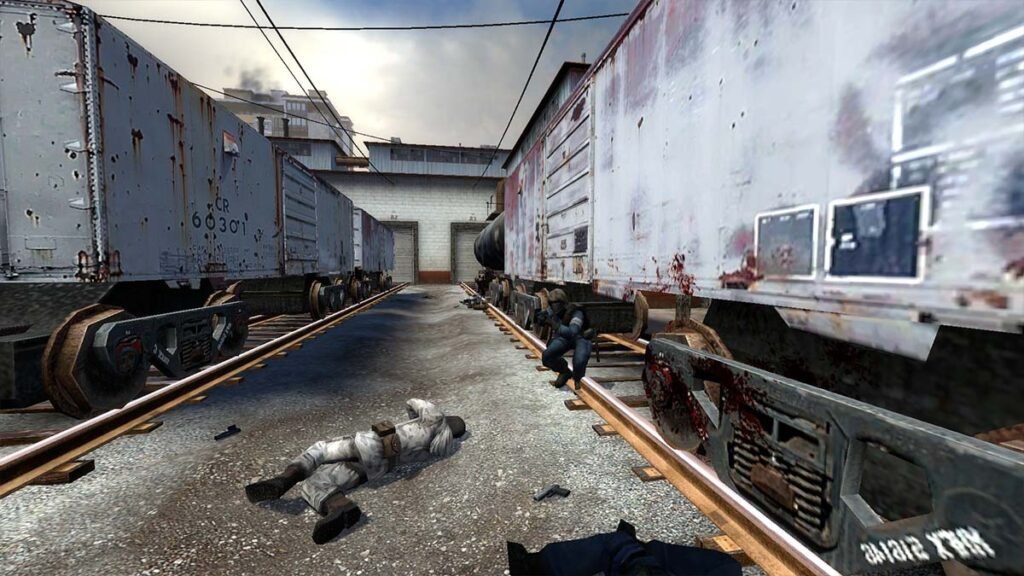 Counter-Strike match setting in a train yard with players in tactical gear