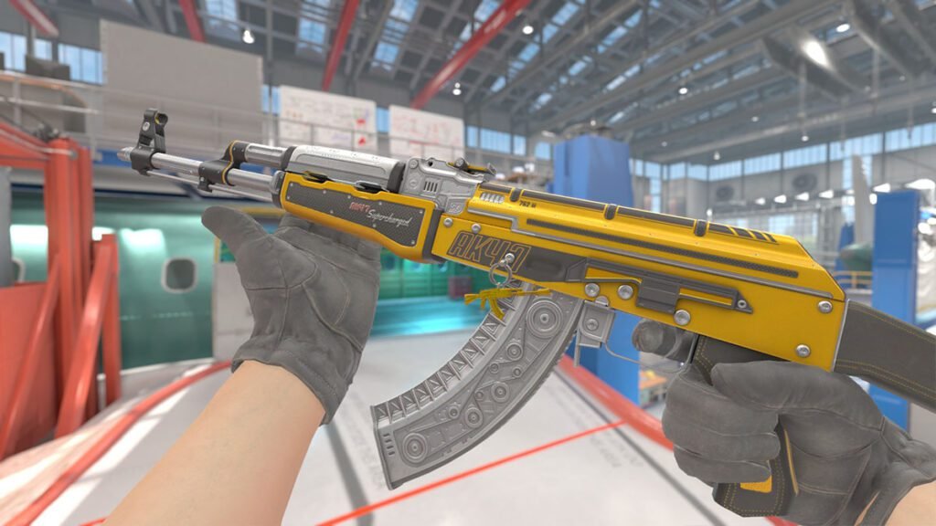 Close-up of a gamer holding a custom yellow and silver AK-47 skin in Counter-Strike setting