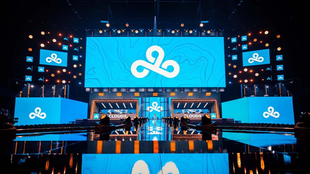 Cloud9 esports stage with vibrant blue branding during a gaming event