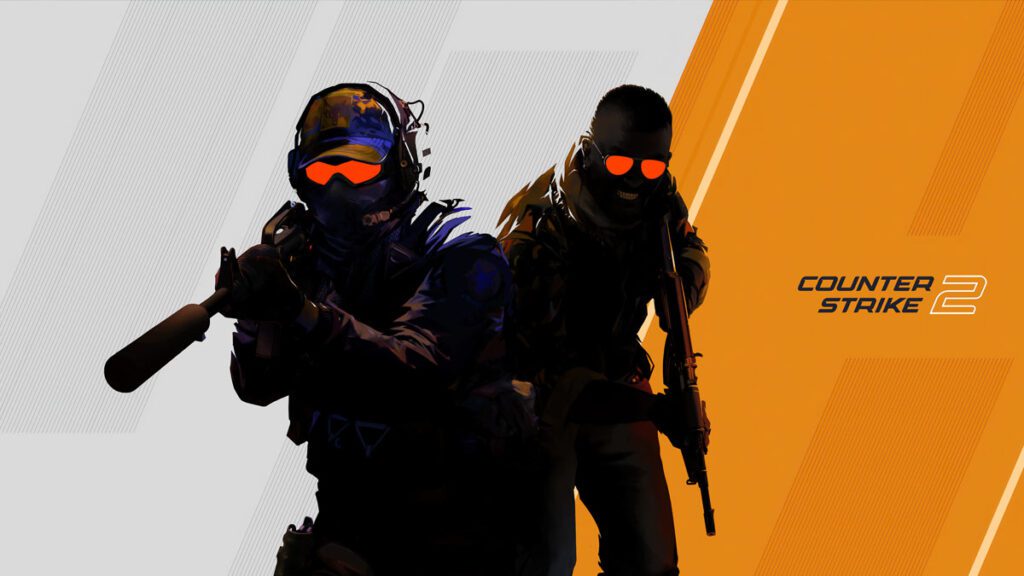 Illustrated characters in tactical gear from Counter-Strike 2 on an orange and gray background.