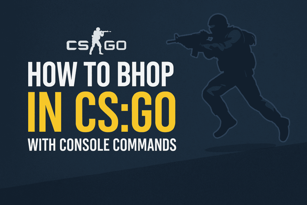 Guide on how to bhop in CS:GO using console commands, featuring silhouette of a soldier running