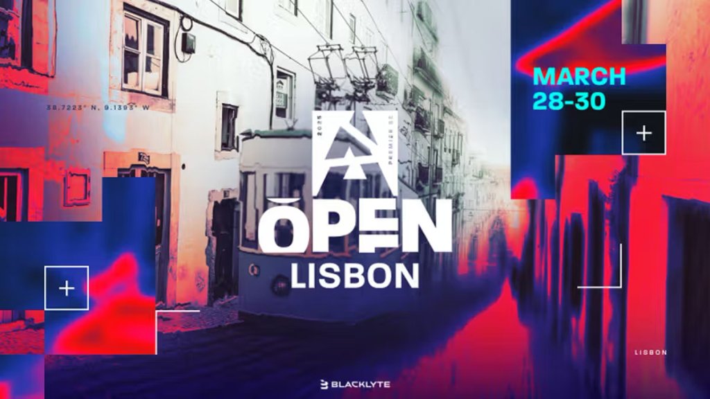 Lisbon gaming event poster with tram street view, March 28-30, vibrant colors