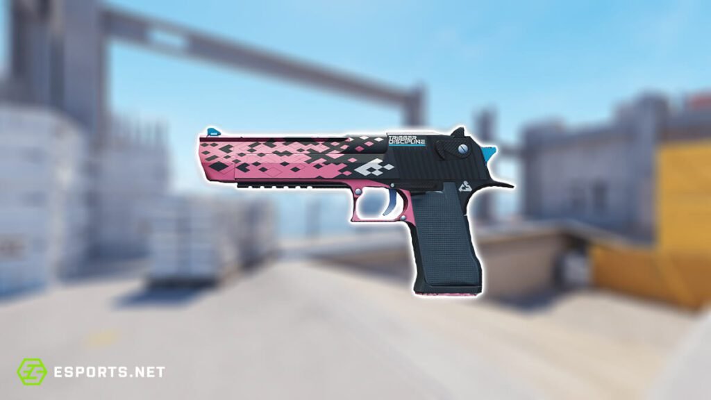 Vibrantly designed gaming gun skin from Counter-Strike on blurred esports.net background.