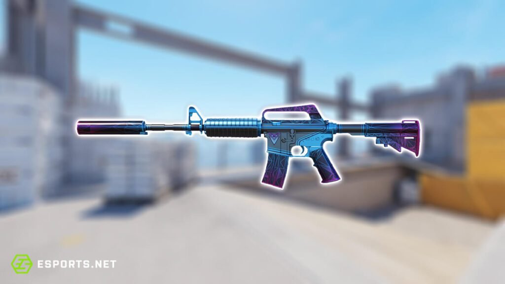 Colorful silenced rifle skin from Counter-Strike on a blurred esports backdrop