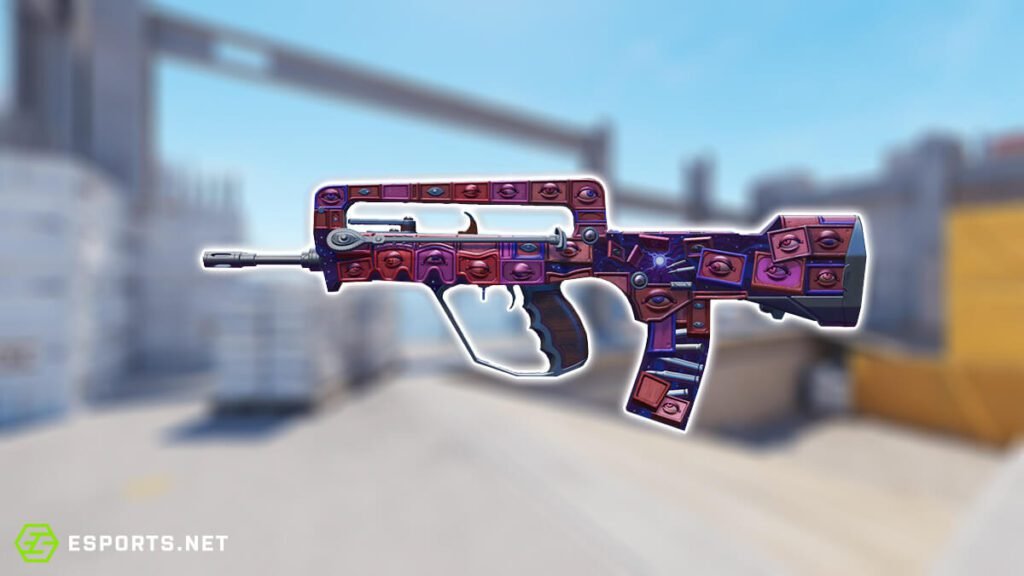 Vibrantly customized FAMAS skin in Counter-Strike game environment