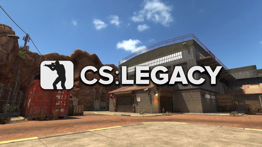 CS: Legacy logo over an industrial game map setting from Counter-Strike.