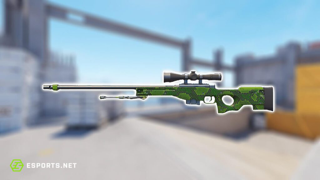 AWP sniper rifle with green camouflage skin in Counter-Strike game environment