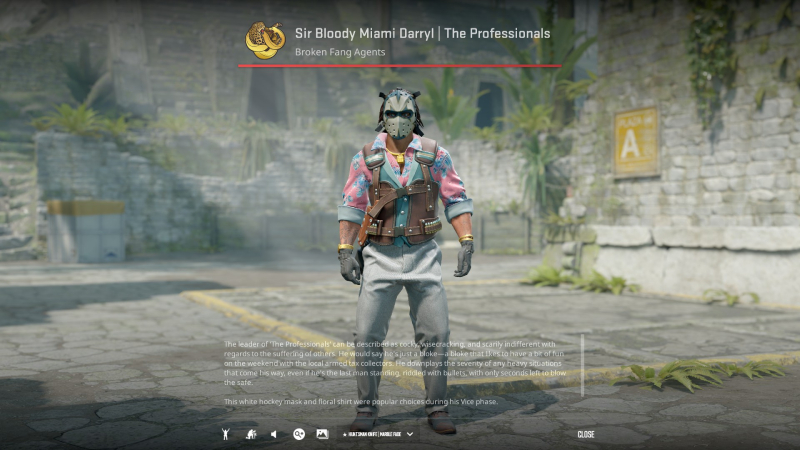 Counter-Strike character Sir Bloody Miami Darryl wearing a mask and colorful outfit in a game environment.