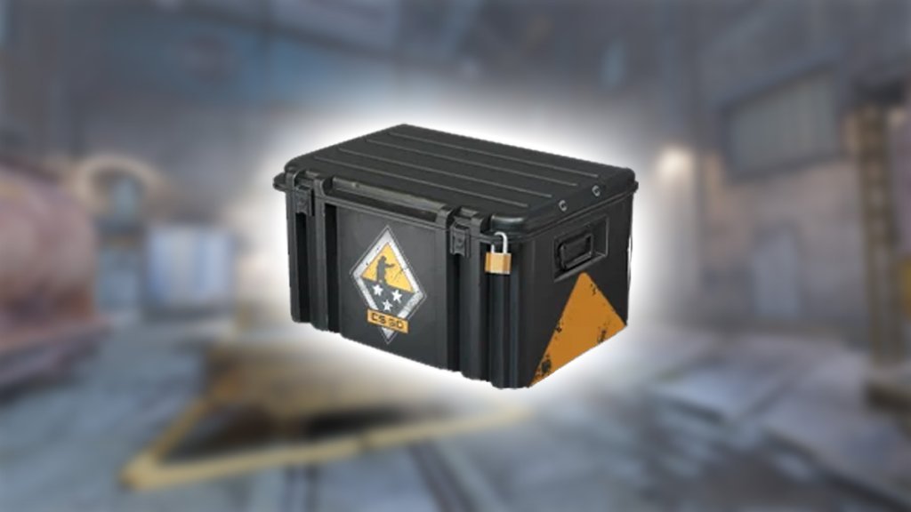 CS:GO weapon case displayed on blurred game map background