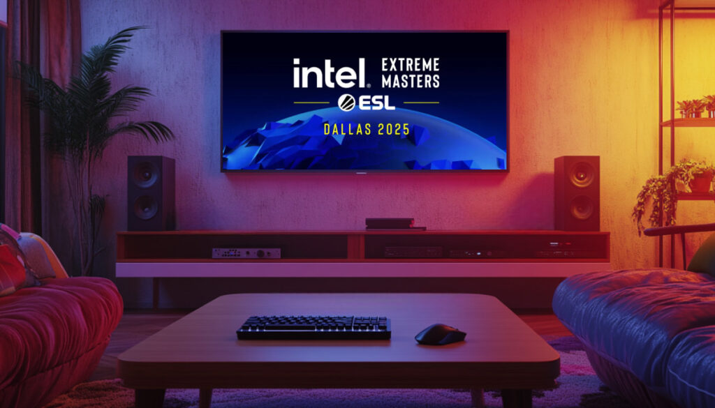 Intel Extreme Masters ESL Dallas 2025 displayed on a wall-mounted screen in a cozy gaming setup