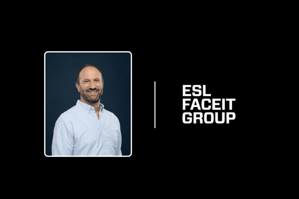 Smiling person in a light blue shirt next to ESL FACEIT Group logo on a dark background
