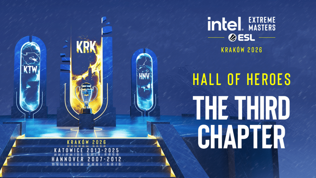 Intel Extreme Masters ESL Krakow 2026 Hall of Heroes stage setup displaying cities Katowice, Hannover, and Krakow with trophy centerpiece.