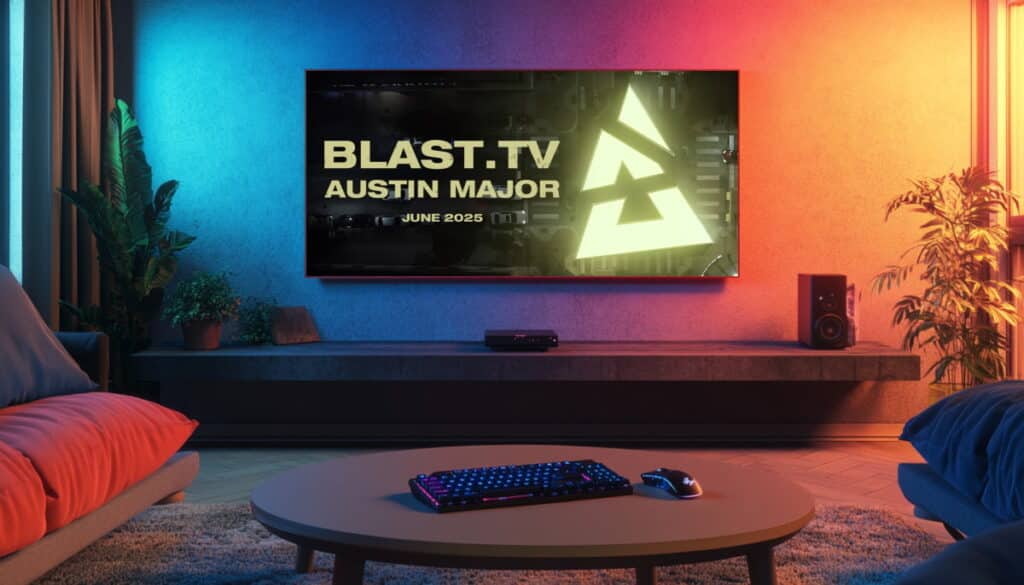 Cozy gaming room setup with colorful lighting and a TV displaying BLAST.TV Austin Major, June 2025 event.