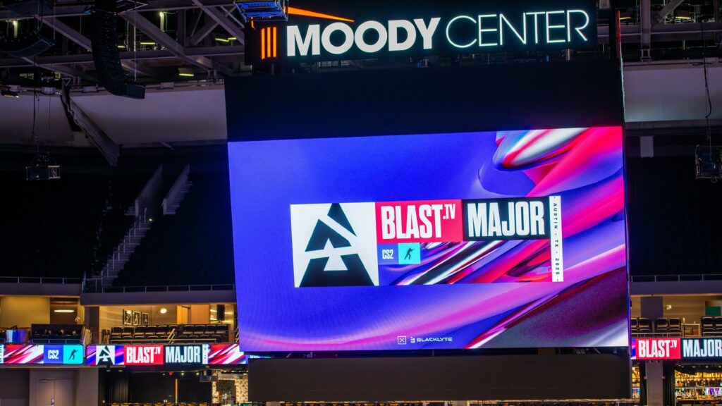 Large screen showing BLAST.tv Major Counter-Strike event at Moody Center arena