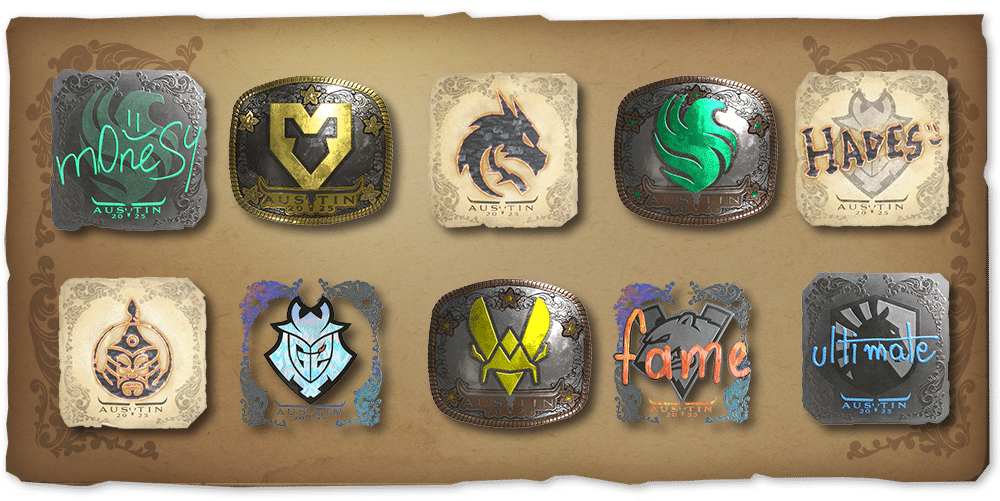 Collection of esports team logos featuring various creative designs and colors, each marked with 'Austin' text