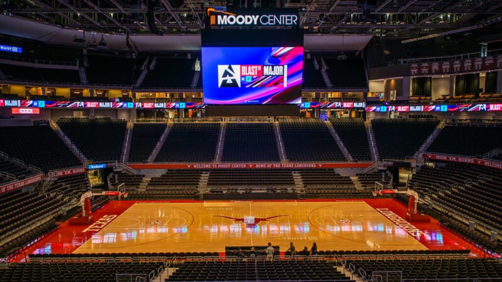 Empty Moody Center arena prepared for BLAST Premier CS:GO esports event.