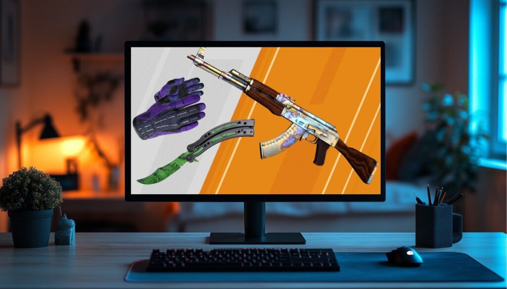 Gaming setup with monitor displaying Counter-Strike skins including an AK-47, knife, and gloves.