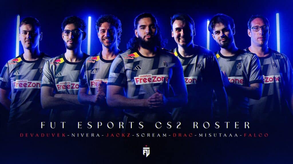 FUT Esports CS2 roster team lineup posing with team jerseys.