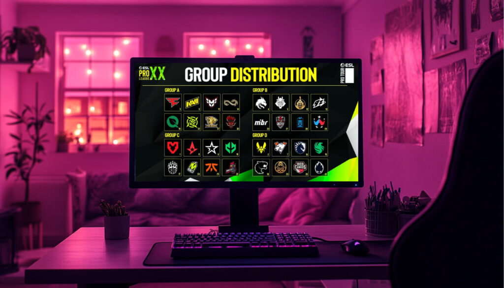 ESL Pro League group distribution displayed on a computer monitor in a gaming room with neon lighting.