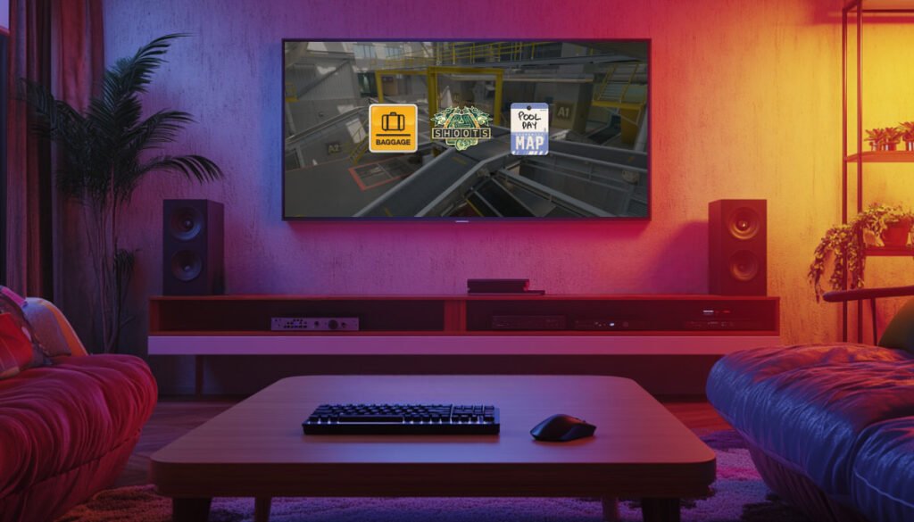 Living room setup with large TV displaying Counter-Strike maps on the screen, surrounded by speakers, highlighting a gaming atmosphere
