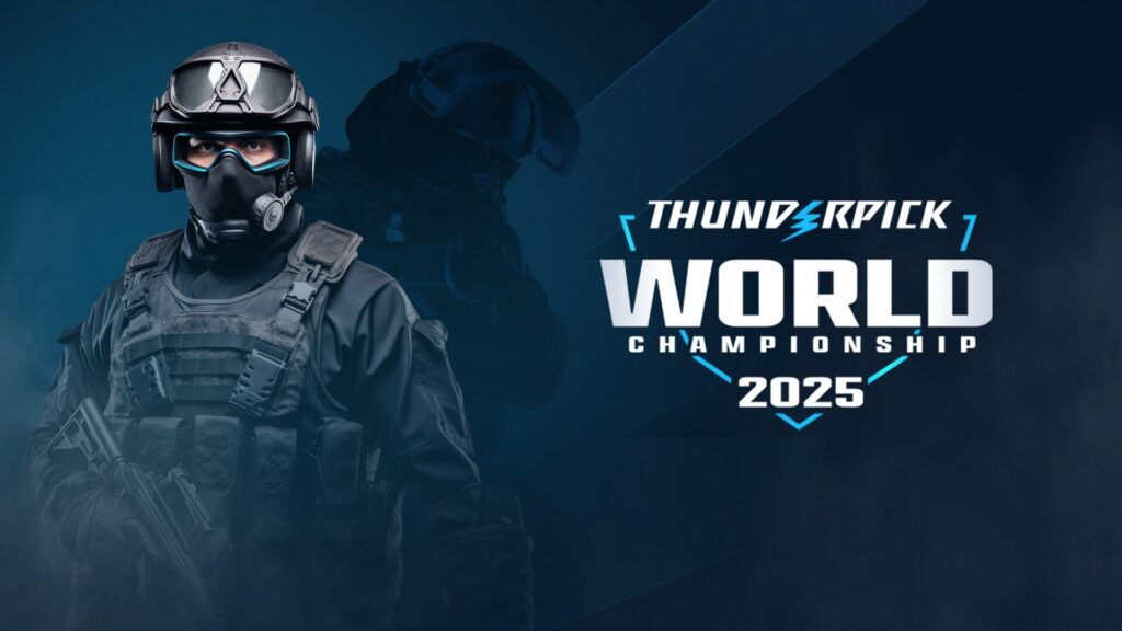 Gamer in tactical gear promoting Thunderpick World Championship 2025