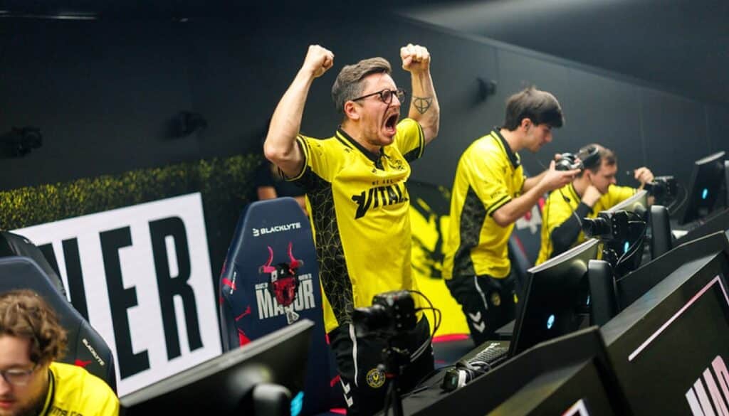 Esports team players celebrating during a major Counter-Strike tournament