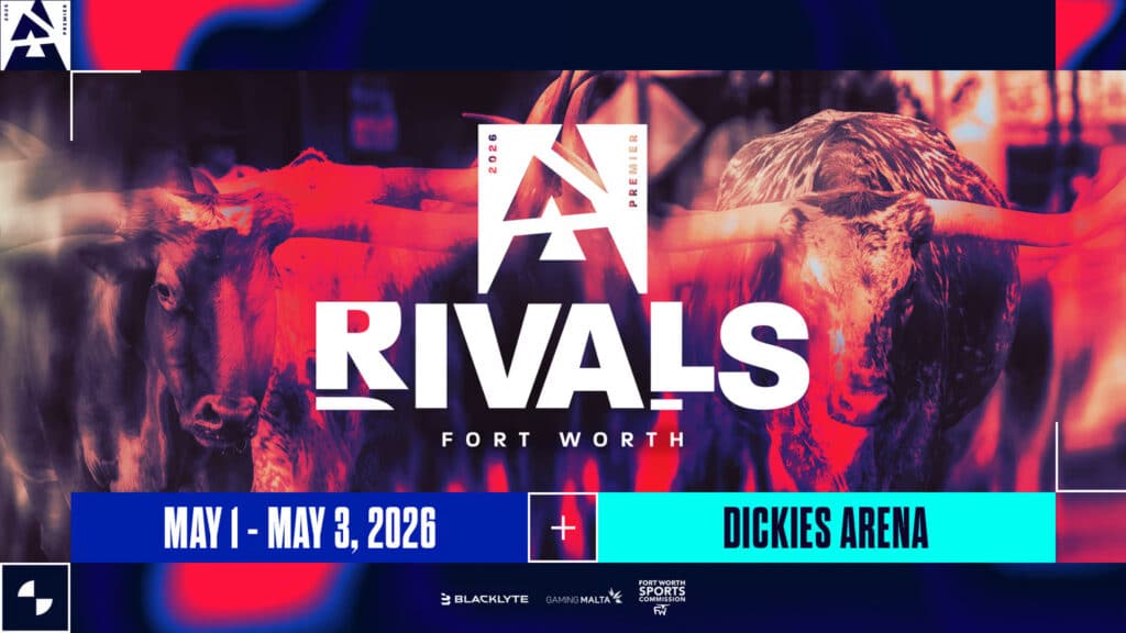 Promotional banner for RIVALS event at Dickies Arena, Fort Worth, featuring bulls and event dates May 1-3, 2026.