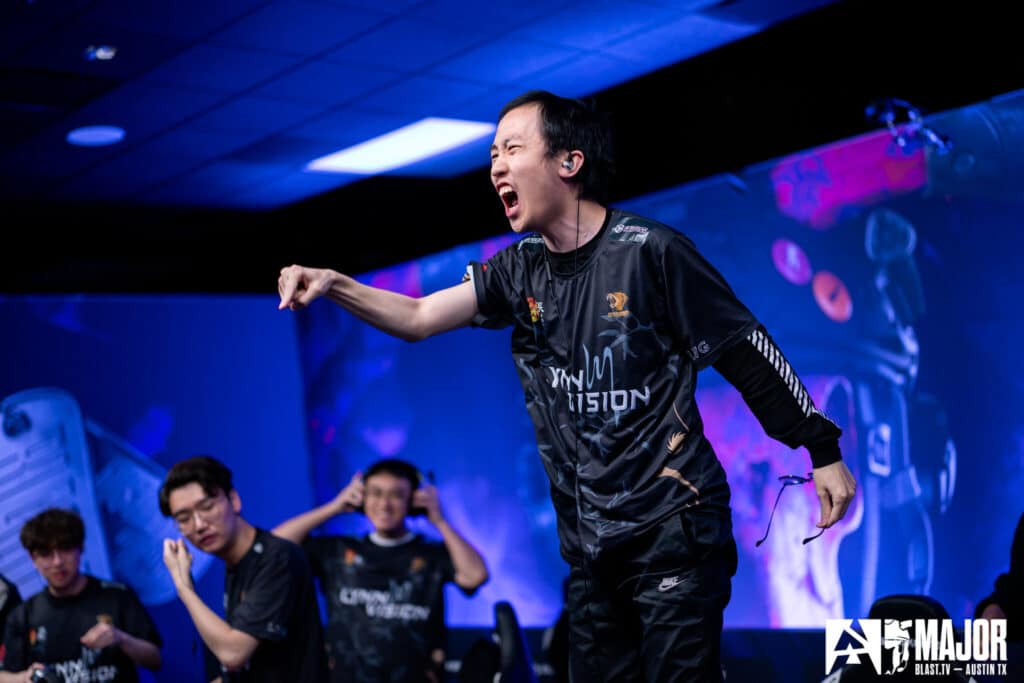 Esports player passionately reacting during a Counter-Strike tournament match