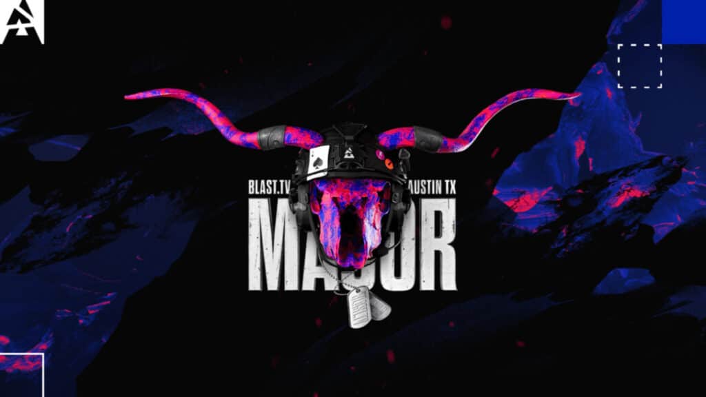 Blast.tv Major logo featuring a stylized bull skull with gaming headset, vibrant colors, and text 'Austin TX'