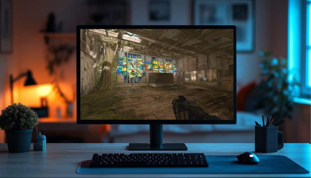 Gaming setup with a Counter-Strike game in progress on the screen