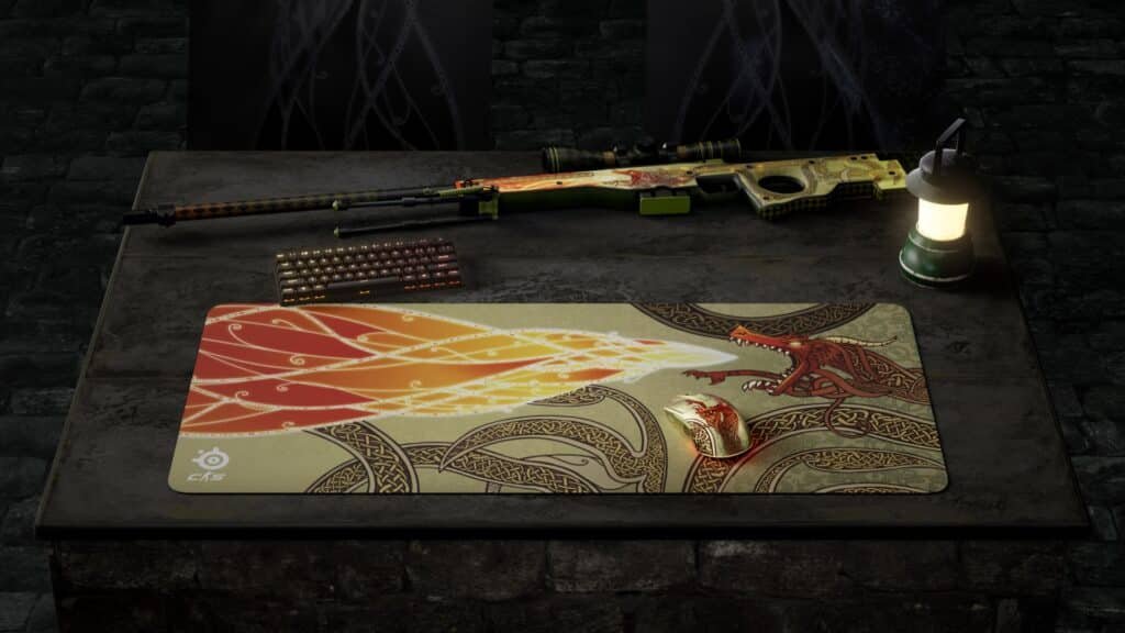 Gaming setup featuring a Counter Strike-inspired mousepad and sniper rifle on a rustic table