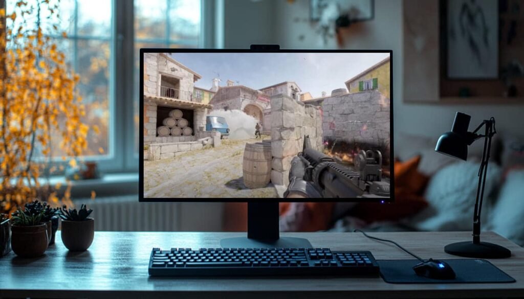 Counter-Strike game displayed on monitor in cozy gaming setup, showcasing in-game action and strategy.