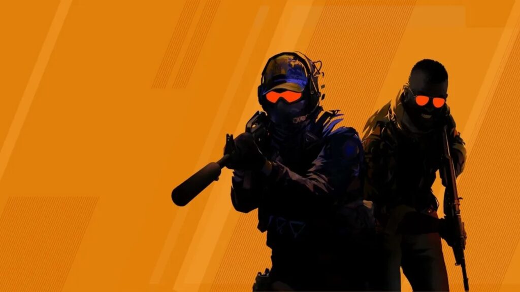 Stylized illustration of two Counter-Strike characters with orange background