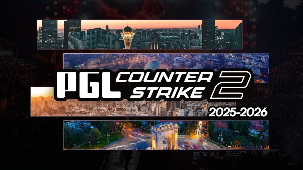PGL Counter-Strike 2 promotional image for the 2025-2026 esports season featuring cityscapes.