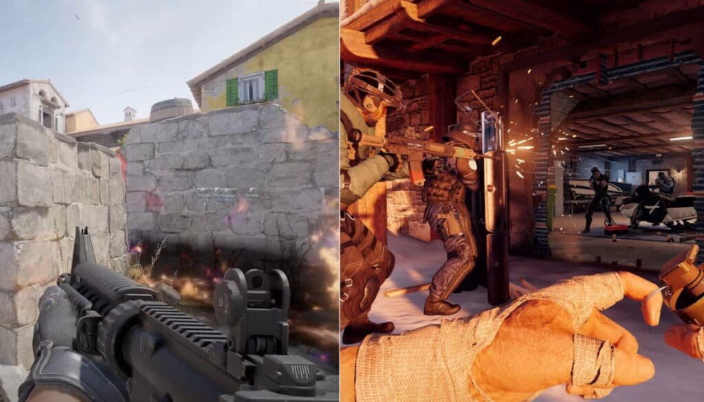 Split-screen view of tactical gameplay in an esports first-person shooter with players in action.