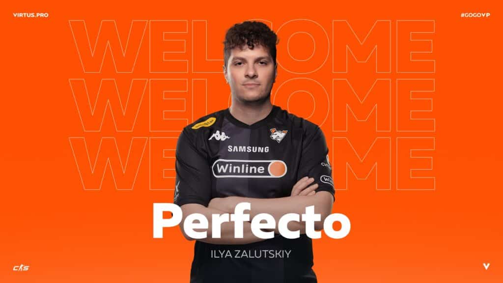 Virtus.pro player with Perfecto name graphic on vibrant orange background