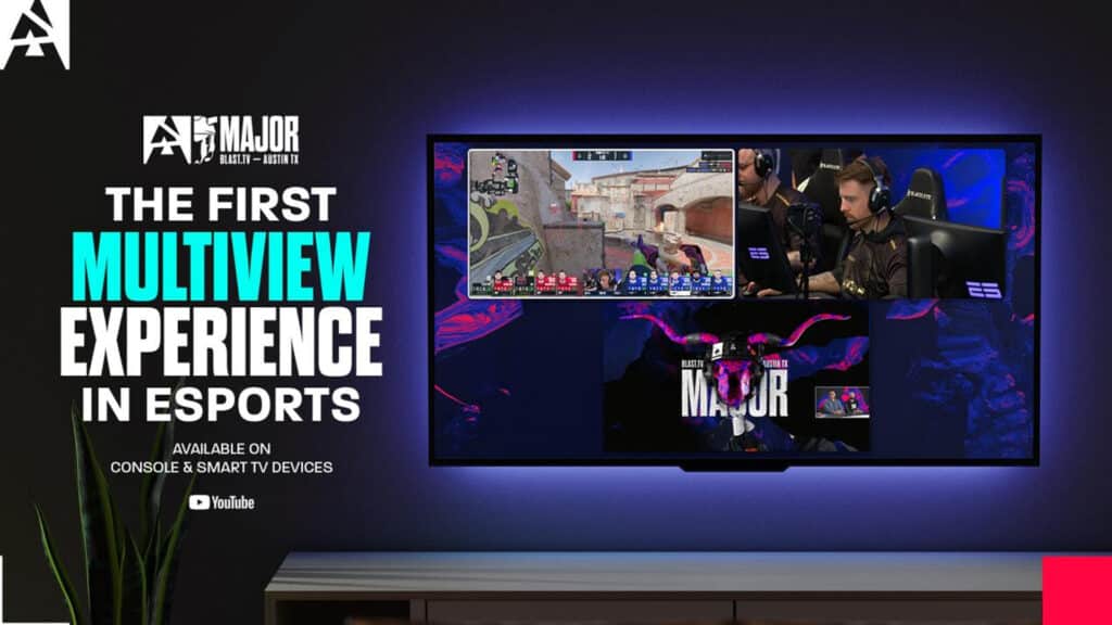 Blast.tv Major showcases first multiview experience in esports, featuring live Counter-Strike gameplay and player reactions on a smart TV screen.