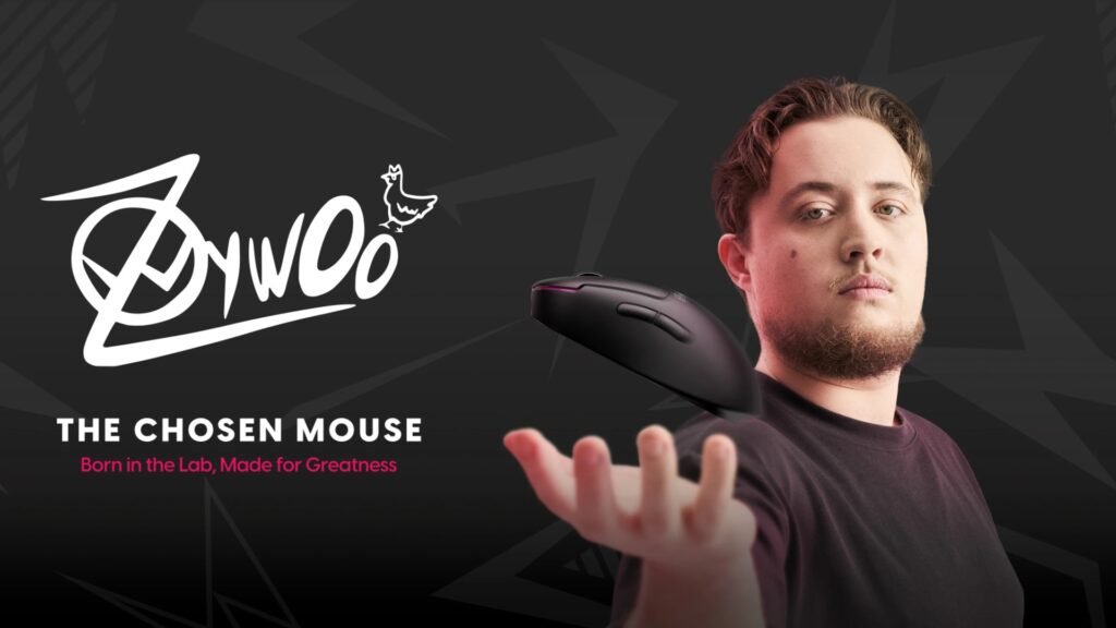 Gamer showcasing a precision gaming mouse with dynamic logo and text saying 'The Chosen Mouse: Born in the Lab, Made for Greatness'.