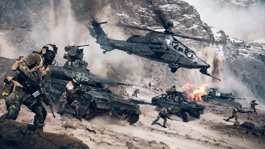 Action-packed military scene with soldiers, tanks, and a helicopter in a rocky terrain.