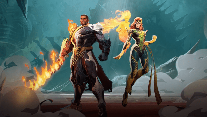 Illustration of fantasy characters with fiery elements in a mystical setting