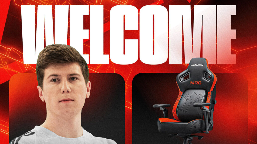 Esports player welcome announcement next to NRG gaming chair with bold text