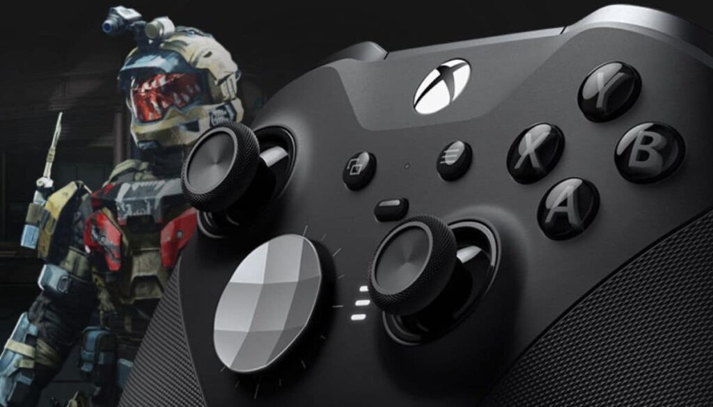 Gaming controller with tactical character in futuristic armor in the background, appealing to Counter Strike and esports enthusiasts