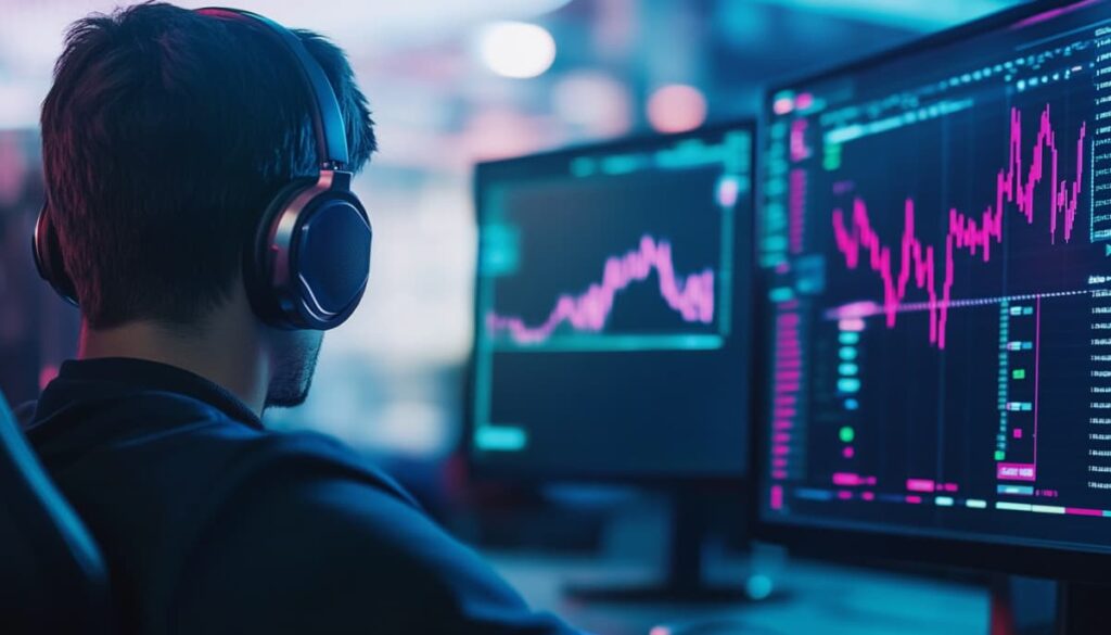 Gamer wearing headphones focused on data charts displayed on multiple screens