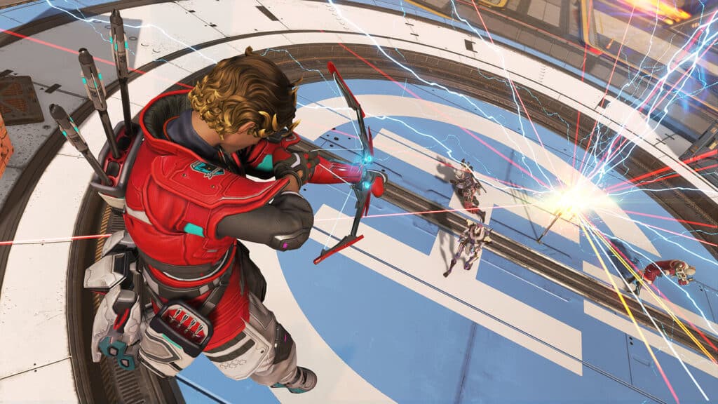 A futuristic archer character in a red suit aiming at targets in a dynamic gaming scene.