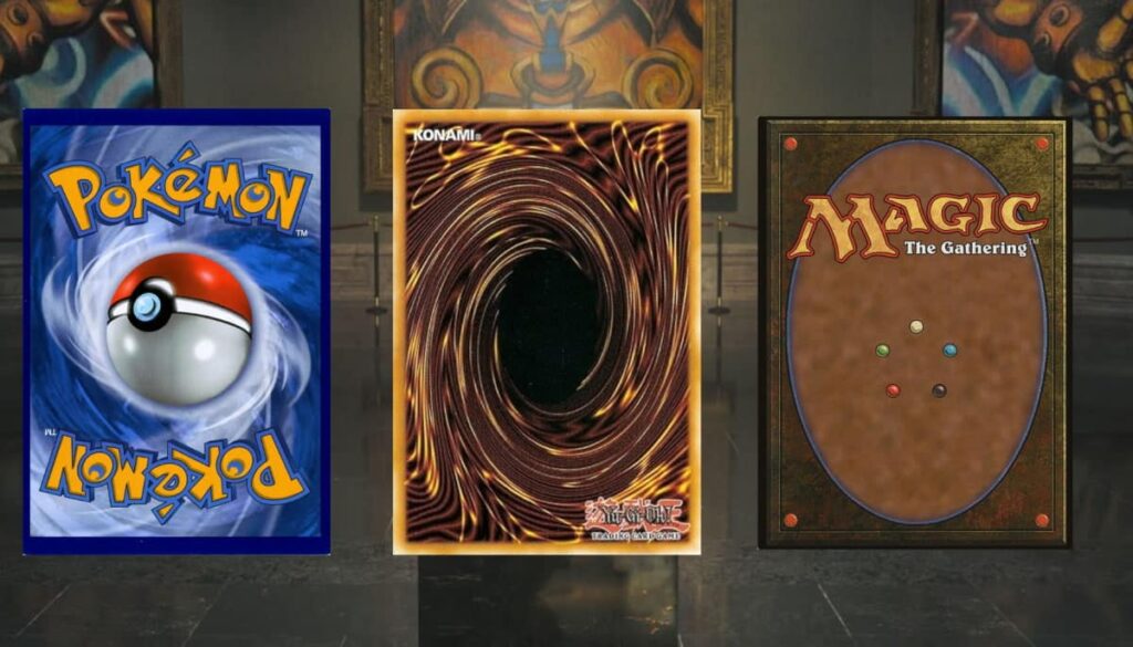 Backs of Pokémon, Yu-Gi-Oh!, and Magic: The Gathering trading cards
