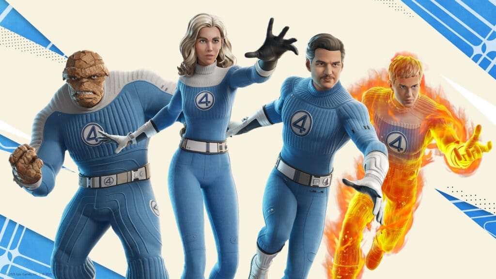 Fantastic Four superheroes in action poses, displaying their unique powers.
