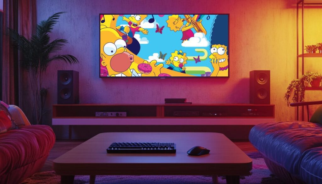 Cozy gaming room setup with a TV displaying animated characters, ideal for Counter Strike and esports enthusiasts.