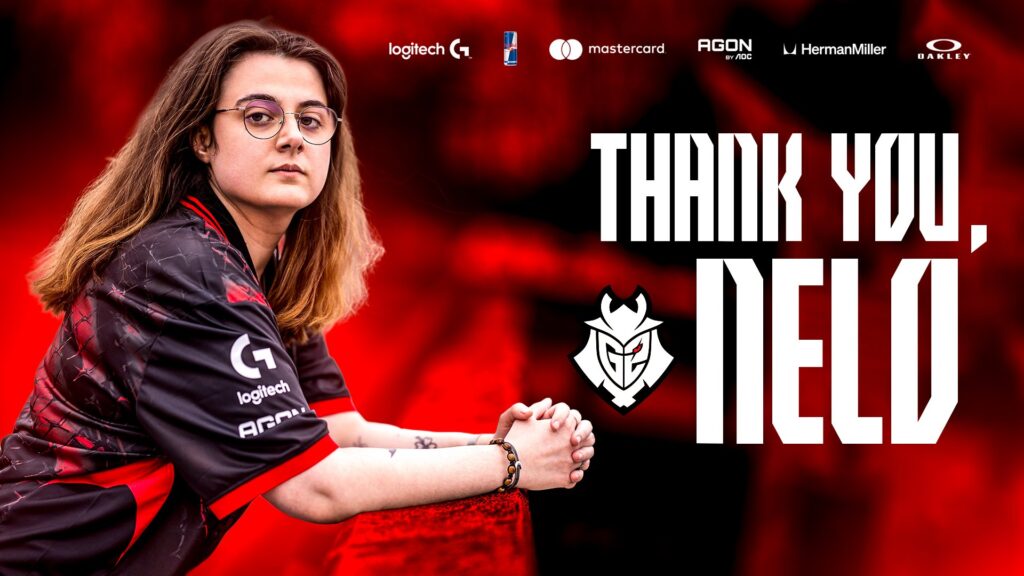 Gamer in esports jersey with 'Thank You, Nelo' text and sponsor logos on a red background.