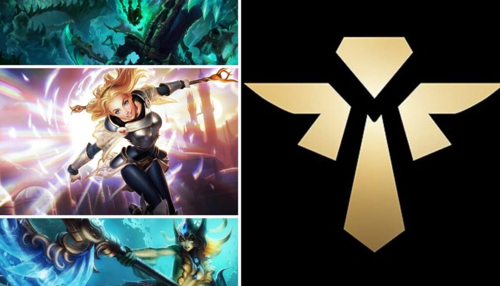 Collage of gaming characters and a golden emblem, featuring dynamic action and colorful designs.