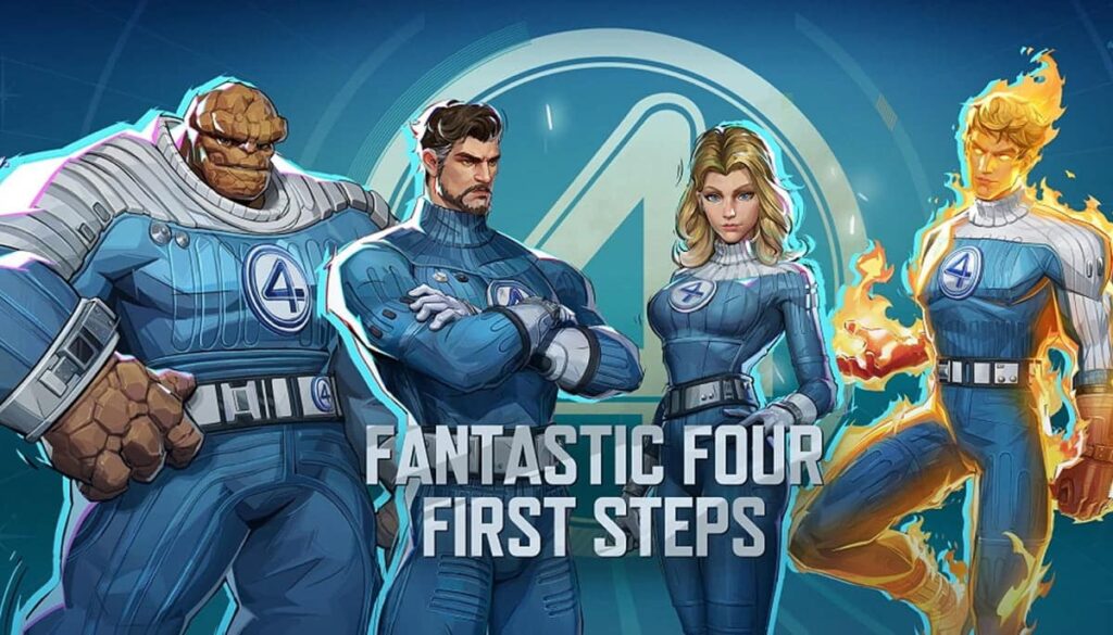 Animated characters from Fantastic Four in blue uniforms with a logo, featuring a rocky, strong figure, and a fiery, glowing character.